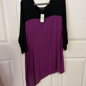 Lane Bryant 26/28 asymmetrical 3/4 sleeve top, black and purple, new, tag on